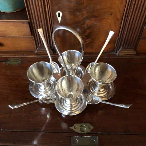 EGG CUP SET  ON STAND WITH TEASPOONS SILVER PLATED